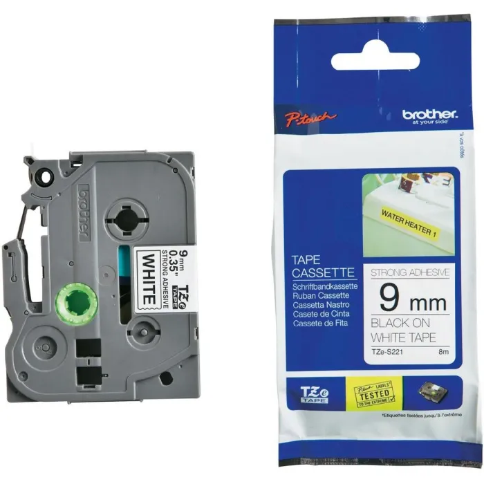 Brother TZe-S221 Tape Black on White, Strong Adhesive, 9mm, 8m