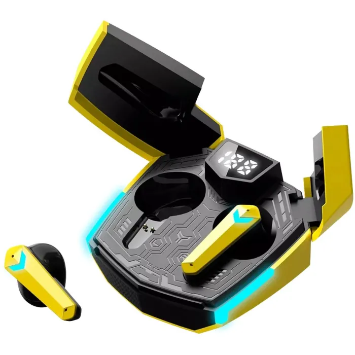 Безжични гейминг слушалки тип тапи CANYON Doublebee GTWS-2, Bluetooth 5.3, ниска латентност 45 ms, стерео звук, до 25 часа с кейса, жълти