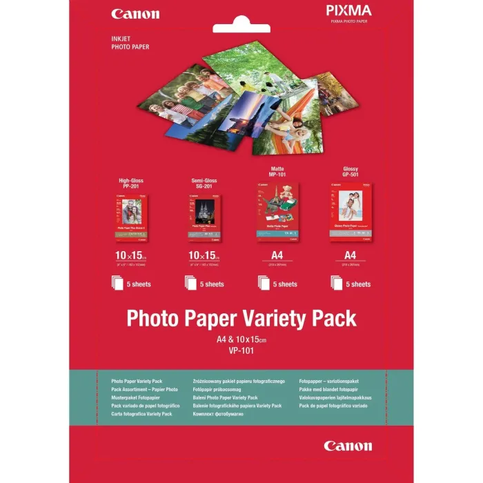 Фото хартия Canon Variety Pack VP-101, комплект за мастиленоструен печат, A4 и 10 x 15 cm, матова, гланцова и полугланцова
