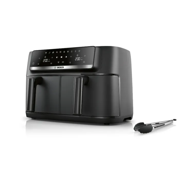 Фритюрник с горещ въздух BOSCH MAFD440B7, двоен контейнер, 9 l (2 x 4.5 l), 2500 W, 40–230 °C, LCD сензорен дисплей, 9 програми, черен
