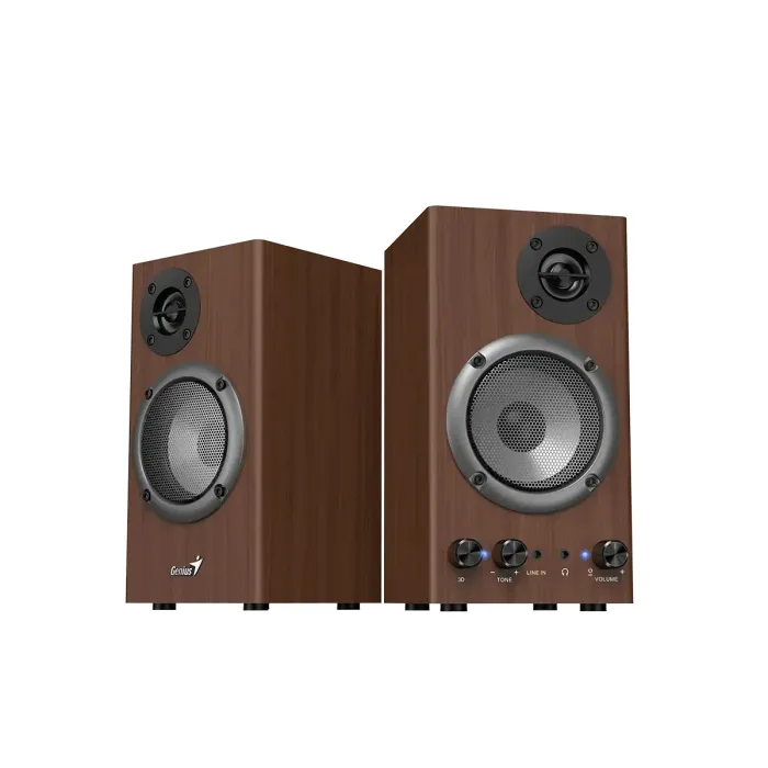 Genius SP-HF500B 2.0 дървени тонколони – 16W RMS, 3D Surround, 3.5 mm, изход за слушалки