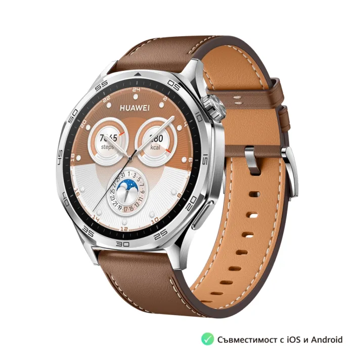 Смарт часовник Huawei Watch GT 5 Vili-B19L, AMOLED дисплей 1,43", резолюция 466x466, HarmonyOS, GPS, NFC, Bluetooth 5.2, водоустойчивост 5 ATM/IP69K, кафява каишка