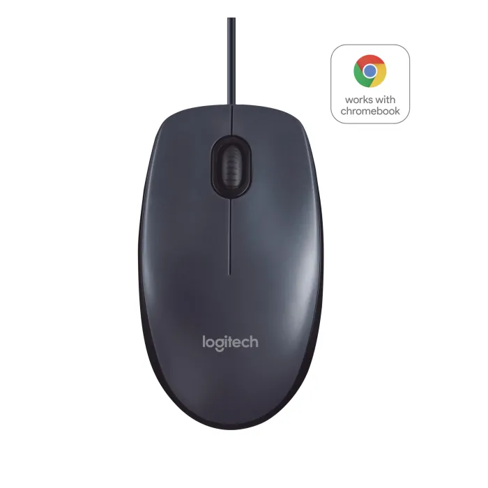 Оптична USB мишка Logitech B100, жична, 800 dpi, 3 бутона, пълноразмерна двустранна конструкция, кабел 180 cm, сертифицирана за Chromebook