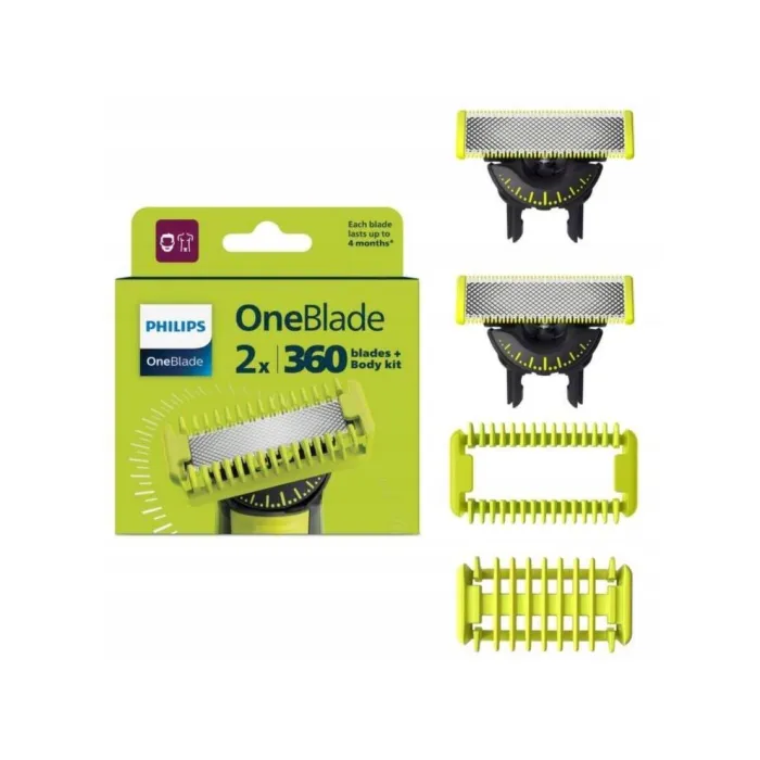 Резервни ножчета Philips OneBlade QP624/50, 2 x 360 ножчета, комплект за тяло, за лице и тяло, съвместими с всички дръжки OneBlade, до 4 месеца употреба на ножче