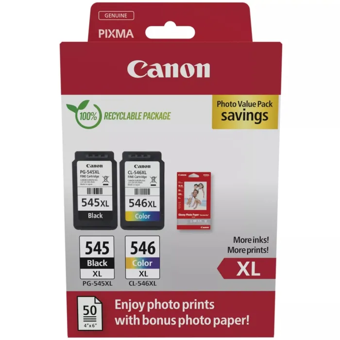 Комплект мастилени касети Canon PG-545XL/CL-546XL PVP, черен и цветен, XL, за Canon PIXMA, до 400/300 страници, 15/13 ml, 50 листа фотохартия 10 x 15 cm