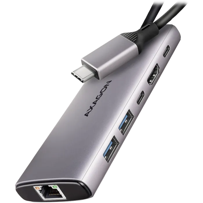 USB-C хъб AXAGON HMC-6G2L 6 в 1, USB 10Gbps, HDMI 4K 60Hz, Gigabit LAN, PD 100W