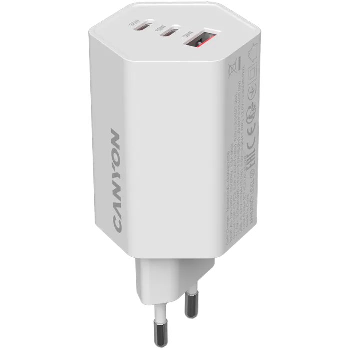 Зарядно CANYON HEXAGON 65 GaN 65W – 2x USB-C PD + 1x USB-A QC, EU, Бяло